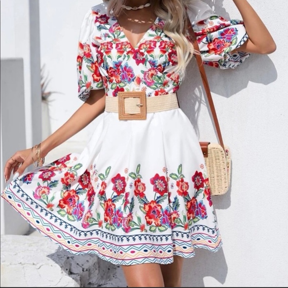 Floral print puff sleeve mini dress cottage boho bohemian style white red NWOT